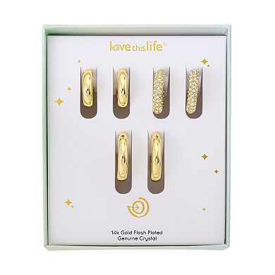 Love This Life 14k Gold Flash Plated Plain Hoops and Crystal Hoops Earrings Set