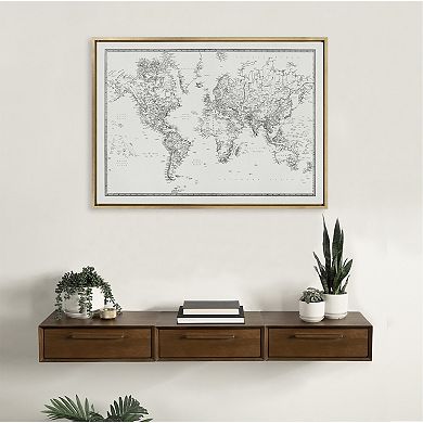 Sylvie Vintage Black and White World Map Framed Canvas by The Creative Bunch Studio