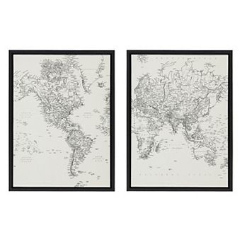 Sylvie Vintage Black and White World Map Framed Canvas by The Creative Bunch Studio