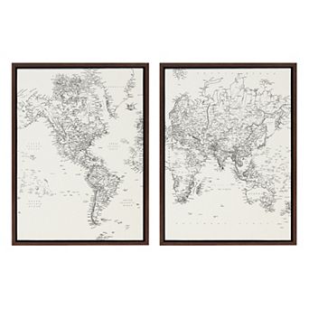 Sylvie Vintage Black and White World Map Framed Canvas by The Creative Bunch Studio