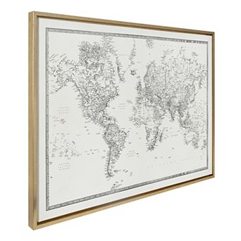 Sylvie Vintage Black and White World Map Framed Canvas by The Creative Bunch Studio