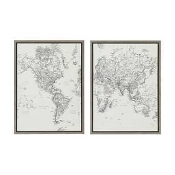Sylvie Vintage Black and White World Map Framed Canvas by The Creative Bunch Studio