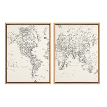 Sylvie Vintage Black and White World Map Framed Canvas by The Creative Bunch Studio