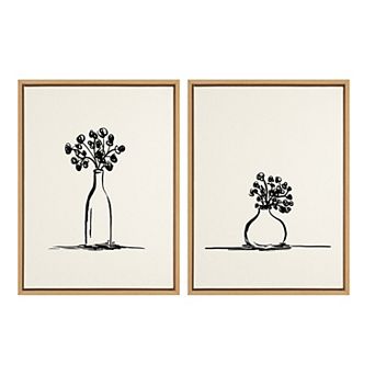 Sylvie Still Life Sketched Botanical Flower Vase Framed Canvas Set by The Creative Bunch Studio