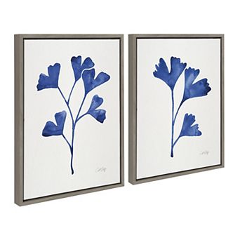 Sylvie Navy Ginkgo and Navy Ginkgo Trio Framed Canvas by Cat Coquillette 2 pc 18x24