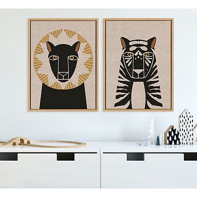 Sylvie Lion Profile and Tiger Profile Neutral Linen Framed Canvas Art Set by Hannah Beisang