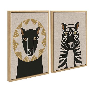 Sylvie Lion Profile and Tiger Profile Neutral Linen Framed Canvas Art Set by Hannah Beisang