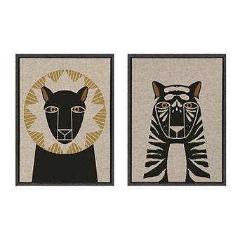 Sylvie Lion Profile and Tiger Profile Neutral Linen Framed Canvas Art Set by Hannah Beisang