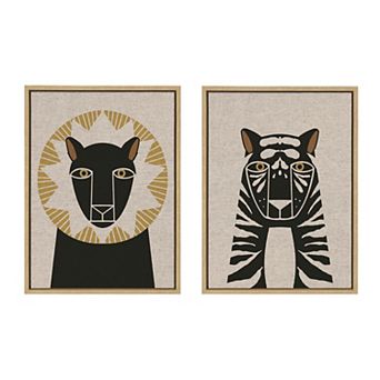 Sylvie Lion Profile and Tiger Profile Neutral Linen Framed Canvas Art Set by Hannah Beisang