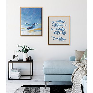Sylvie Golden Dunes and Fishes Blue on Beige Framed Canvas Art Set by Giuliana Lazzerini