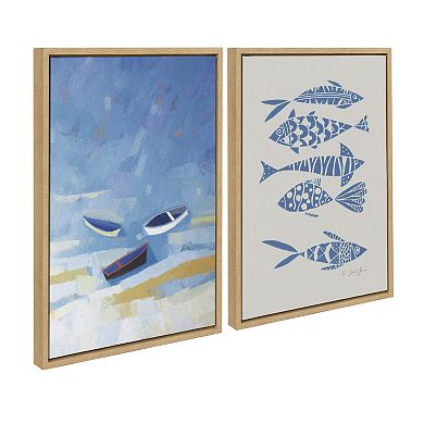 Sylvie Golden Dunes and Fishes Blue on Beige Framed Canvas Art Set by Giuliana Lazzerini