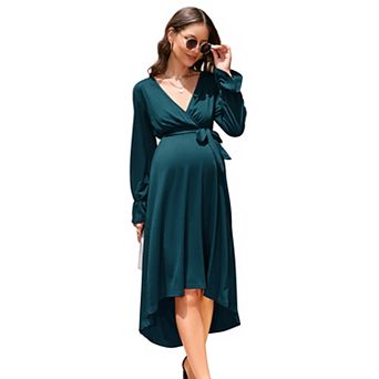 Women V Neck Wrap Maternity Dress Lantern Long Sleeve Tie High Waist A-Line Flowy Dress with Belt