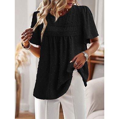 Womens Summer Tops Crewneck Short Sleeve Shirts Casual Chiffon Blouses Flowy Lace Hem Boho Clothing