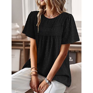 Womens Summer Tops Crewneck Short Sleeve Shirts Casual Chiffon Blouses Flowy Lace Hem Boho Clothing