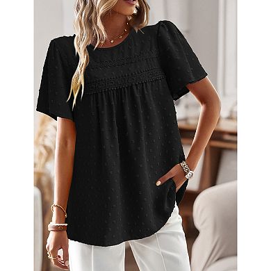 Womens Summer Tops Crewneck Short Sleeve Shirts Casual Chiffon Blouses Flowy Lace Hem Boho Clothing