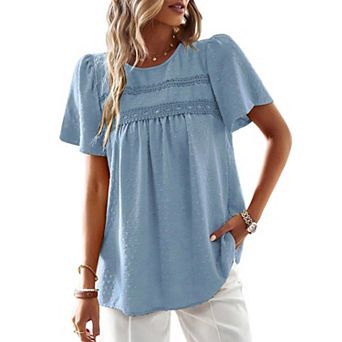 Womens Summer Tops Crewneck Short Sleeve Shirts Casual Chiffon Blouses Flowy Lace Hem Boho Clothing