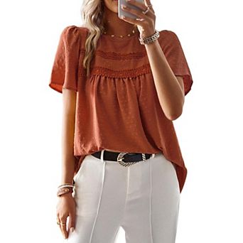 Womens Summer Tops Crewneck Short Sleeve Shirts Casual Chiffon Blouses Flowy Lace Hem Boho Clothing