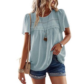 Womens Summer Tops Crewneck Short Sleeve Shirts Casual Chiffon Blouses Flowy Lace Hem Boho Clothing