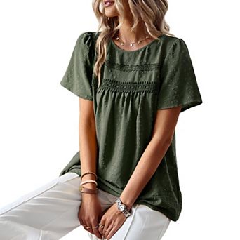 Womens Summer Tops Crewneck Short Sleeve Shirts Casual Chiffon Blouses Flowy Lace Hem Boho Clothing