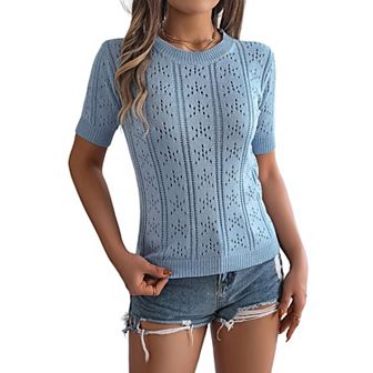 Women Leisure vacation solid color hollow out short sleeve knitted shirt top