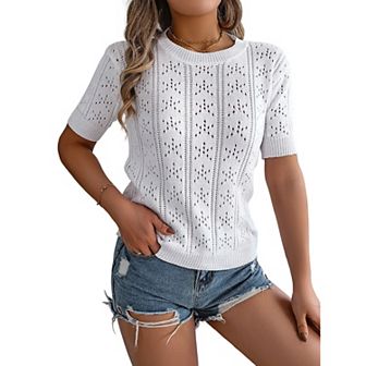 Women Leisure vacation solid color hollow out short sleeve knitted shirt top