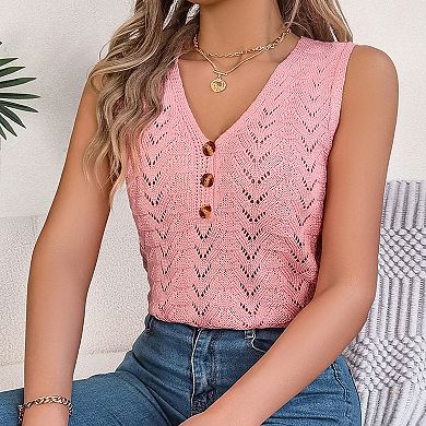 Womens Knit Sweater Tank Tops Casual Summer V Neck Loose Fit Sleeveless Button Pointelle Shirts