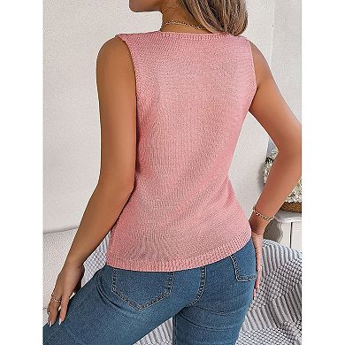 Womens Knit Sweater Tank Tops Casual Summer V Neck Loose Fit Sleeveless Button Pointelle Shirts