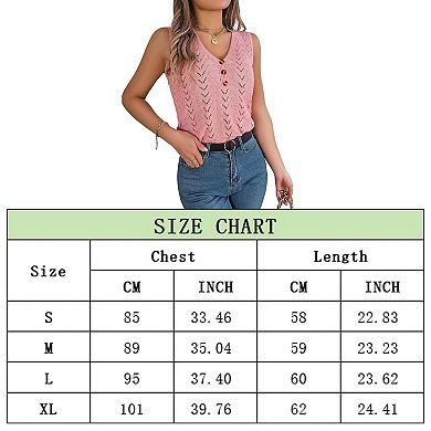 Womens Knit Sweater Tank Tops Casual Summer V Neck Loose Fit Sleeveless Button Pointelle Shirts
