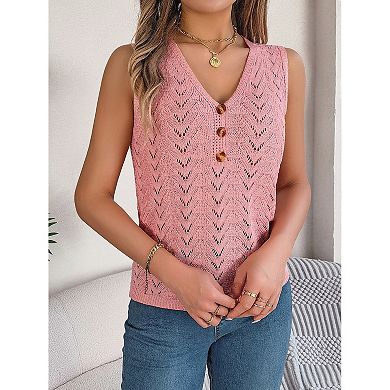Womens Knit Sweater Tank Tops Casual Summer V Neck Loose Fit Sleeveless Button Pointelle Shirts