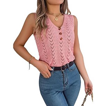Womens Knit Sweater Tank Tops Casual Summer V Neck Loose Fit Sleeveless Button Pointelle Shirts