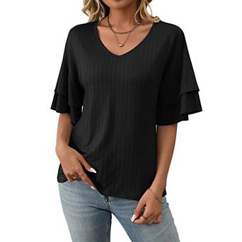 Womens V-Neck Tops Dressy Double Layer Bell Sleeve 3/4 Length Ruffle Sleeve T Shirts
