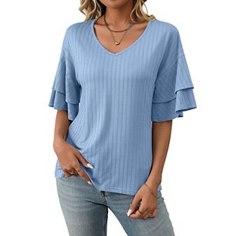 Womens V-Neck Tops Dressy Double Layer Bell Sleeve 3/4 Length Ruffle Sleeve T Shirts