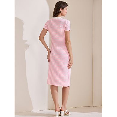 Women's Casual Summer Dress Striped Ribbed Knit Dress Short Sleeve V Neck Midi Dresses