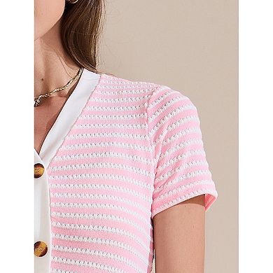 Women's Casual Summer Dress Striped Ribbed Knit Dress Short Sleeve V Neck Midi Dresses