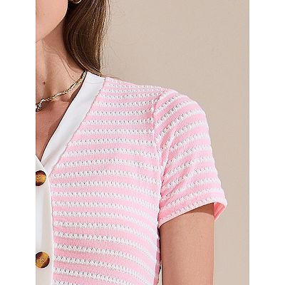 Women's Casual Summer Dress Striped Ribbed Knit Dress Short Sleeve V Neck  Midi Dresses