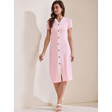 Women's Casual Summer Dress Striped Ribbed Knit Dress Short Sleeve V Neck Midi Dresses