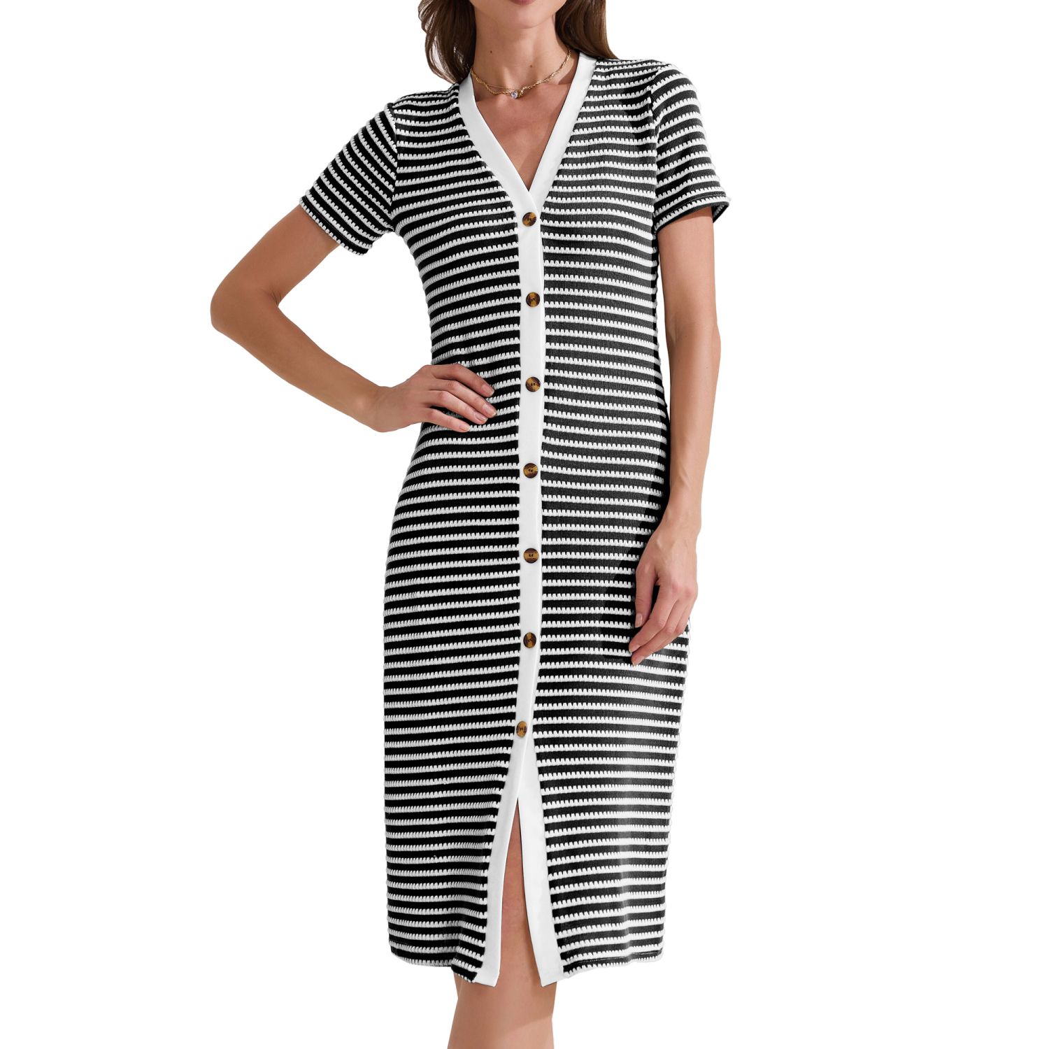 Women's Casual Summer Dress Striped Ribbed Knit Dress Short Sleeve V Neck  Midi Dresses Women's Casual Summer Dress Striped Ribbed Knit Dress Short Sleeve V Neck Midi  Dresses