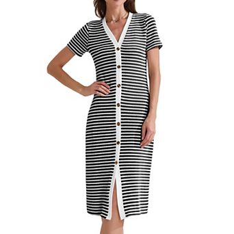 Women's Casual Summer Dress Striped Ribbed Knit Dress Short Sleeve V Neck Midi Dresses