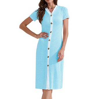 Women's Casual Summer Dress Striped Ribbed Knit Dress Short Sleeve V Neck Midi Dresses