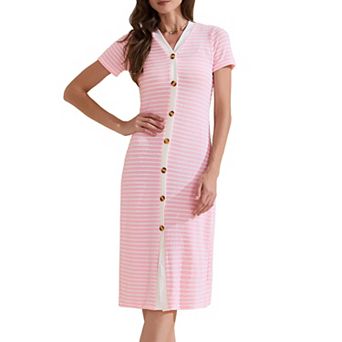 Women's Casual Summer Dress Striped Ribbed Knit Dress Short Sleeve V Neck Midi Dresses