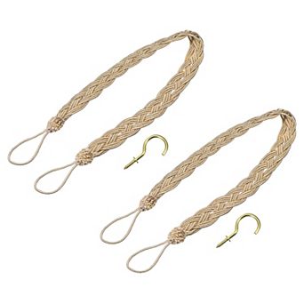 2 pc Curtain Tiebacks, 23" Braided Drapery Holdback Holder Decorative Rope Tie Back with 2 Hooks