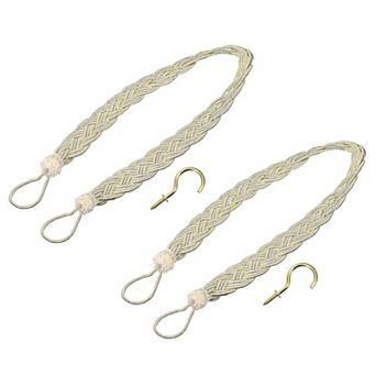 2 pc Curtain Tiebacks, Braided Drapery Holdback Holder Decorative Rope Tie Back with Metal Hooks