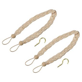 2 pc Curtain Tiebacks, Braided Drapery Holdback Holder Decorative Rope Tie Back with Metal Hooks