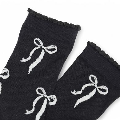 Women's 2-Pack Bow Pattern Crew Socks with Scalloped Trim and Contrast Details