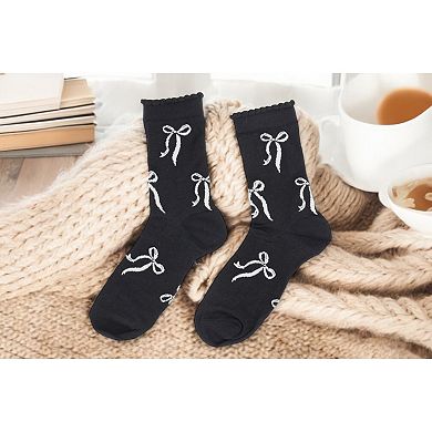 Women's 2-Pack Bow Pattern Crew Socks with Scalloped Trim and Contrast Details