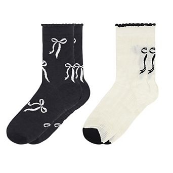 Women's 2-Pack Bow Pattern Crew Socks with Scalloped Trim and Contrast Details