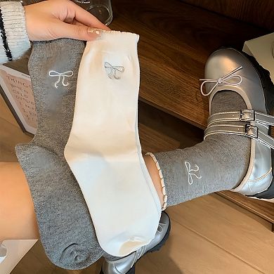 Women's 3-Pack Soft Knit Ankle Socks with Scalloped Trim and Embroidered Bow Detail