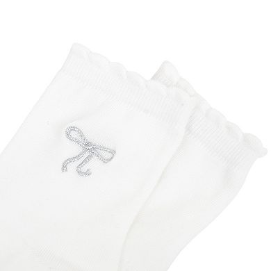 Women's 3-Pack Soft Knit Ankle Socks with Scalloped Trim and Embroidered Bow Detail