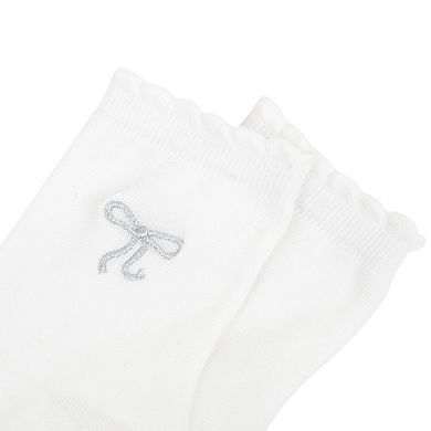 Women's 3-Pack Soft Knit Ankle Socks with Scalloped Trim and Embroidered Bow Detail