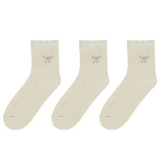 Women's 3-Pack Soft Knit Ankle Socks with Scalloped Trim and Embroidered Bow Detail